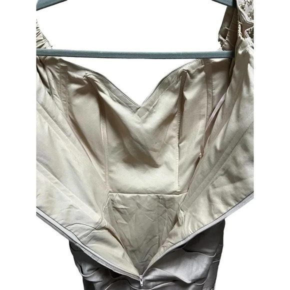 LA FEMME Champagne Beaded Back Off the Shoulder Ruched Crepe Satin Gown - Picture 10 of 11